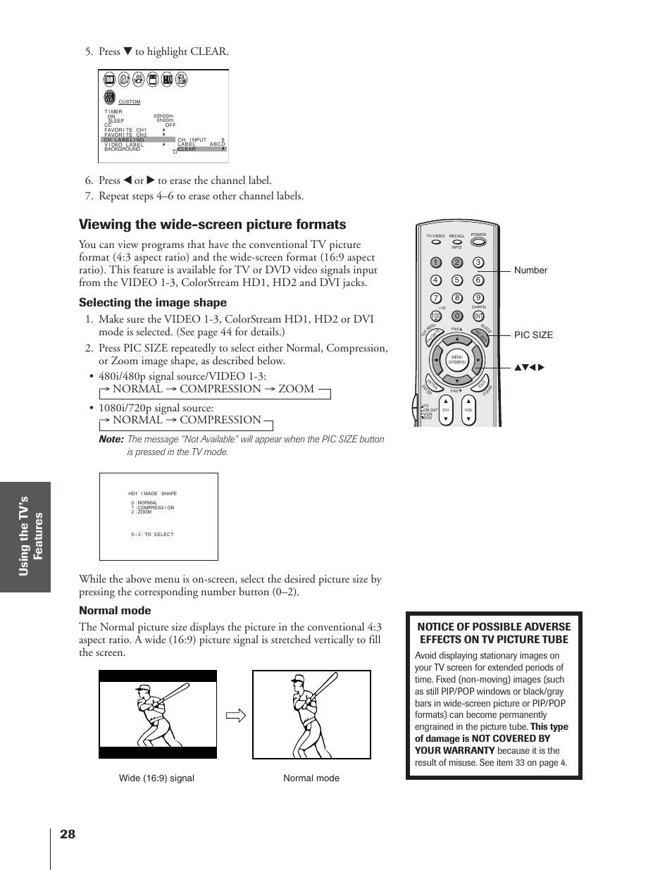 Viewing the wide-screen picture formats, Selecting the image shape, Press z to highlight clear | Toshiba 32HF73 User Manual | Page 28 / 59