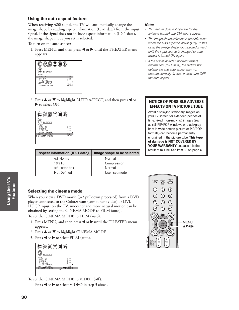 Using the auto aspect feature, Selecting the cinema mode | Toshiba 32HF73 User Manual | Page 30 / 59