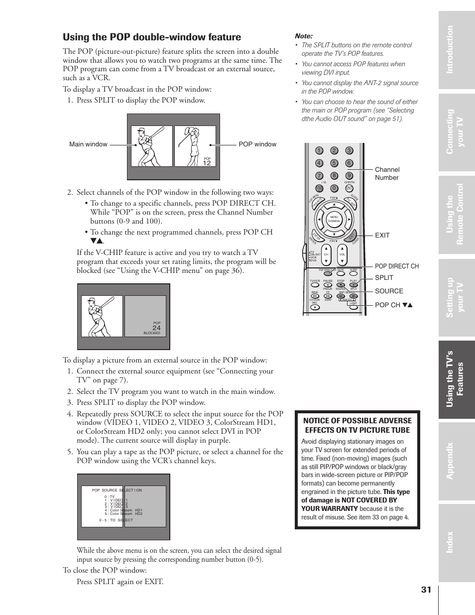 Using the pop double-window feature | Toshiba 32HF73 User Manual | Page 31 / 59