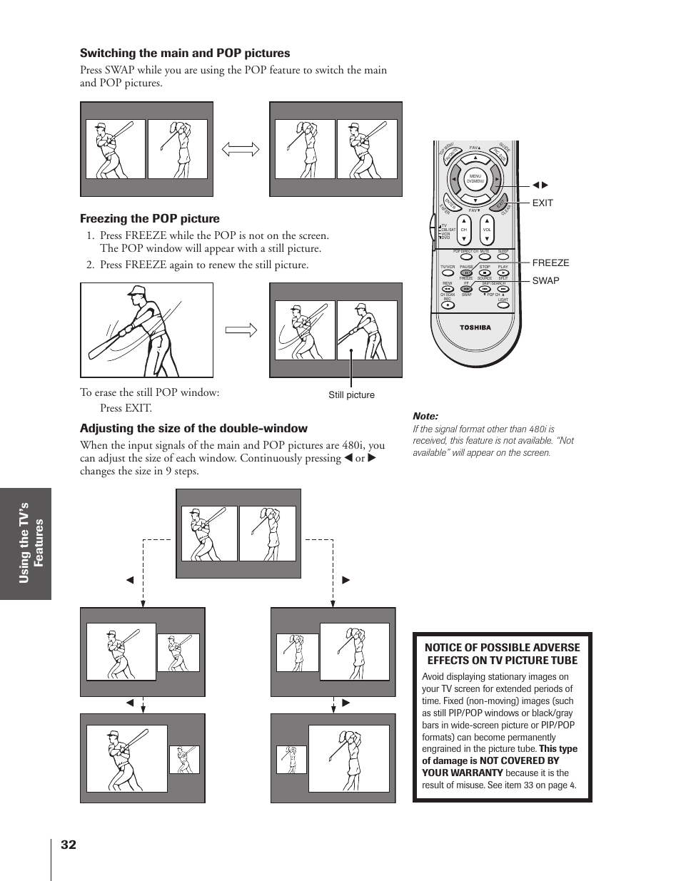 Switching the main and pop pictures, Freezing the pop picture, Adjusting the size of the double-window | Toshiba 32HF73 User Manual | Page 32 / 59