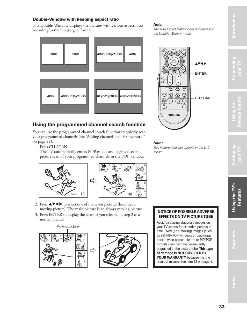 Using the programmed channel search function, Double-window with keeping aspect ratio | Toshiba 32HF73 User Manual | Page 33 / 59