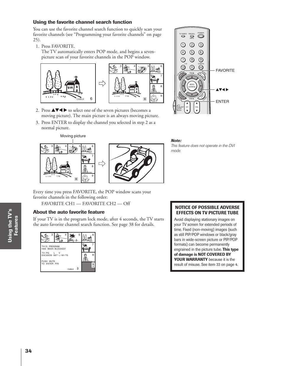 Using the favorite channel search function, About the auto favorite feature | Toshiba 32HF73 User Manual | Page 34 / 59