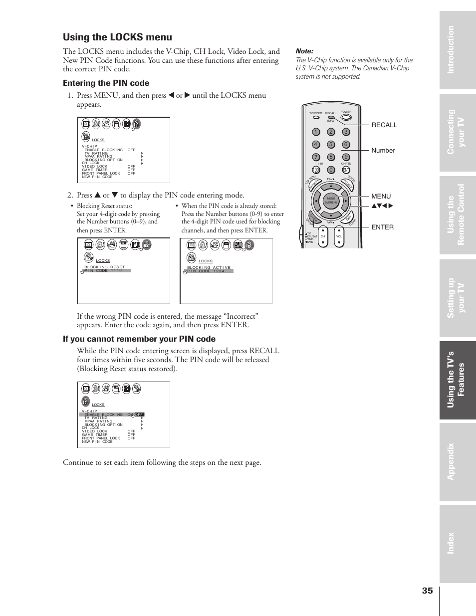 Using the locks menu, If you cannot remember your pin code, Entering the pin code | Press y or z to display the pin code entering mode, Yzx • recall number menu, Enter | Toshiba 32HF73 User Manual | Page 35 / 59