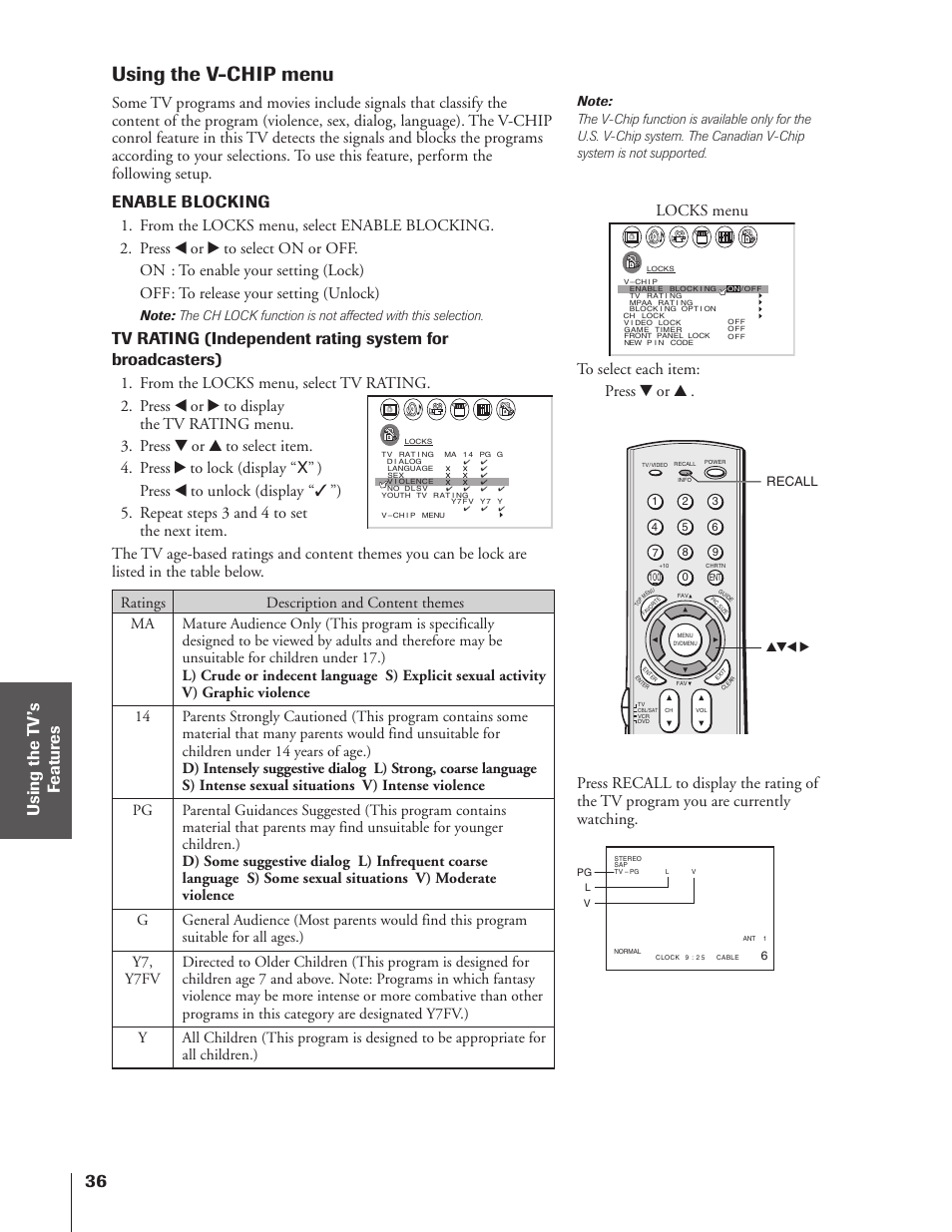 Using the v-chip menu, Enable blocking, Locks menu | Toshiba 32HF73 User Manual | Page 36 / 59