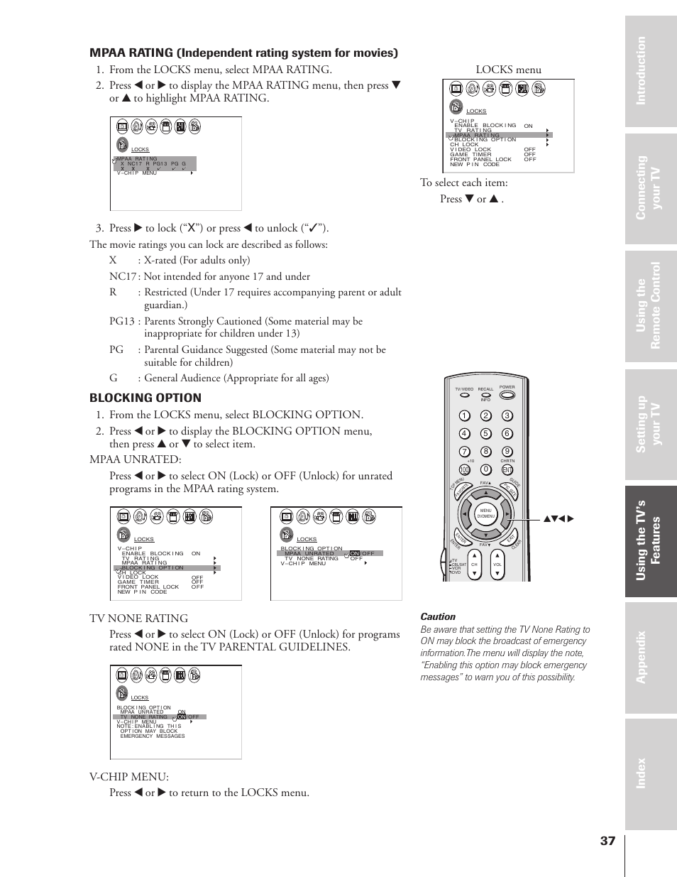 Mpaa rating (independent rating system for movies), Blocking option, Press • to lock (“x”) or press x to unlock (“✓”) | Toshiba 32HF73 User Manual | Page 37 / 59