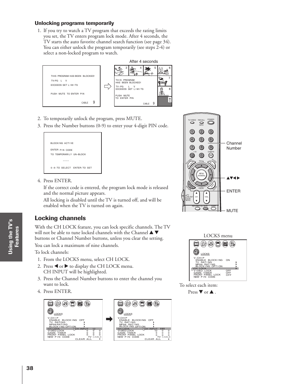 Locking channels, Unlocking programs temporarily, Locks menu | Enter yzx • mute after 4 seconds channel number | Toshiba 32HF73 User Manual | Page 38 / 59