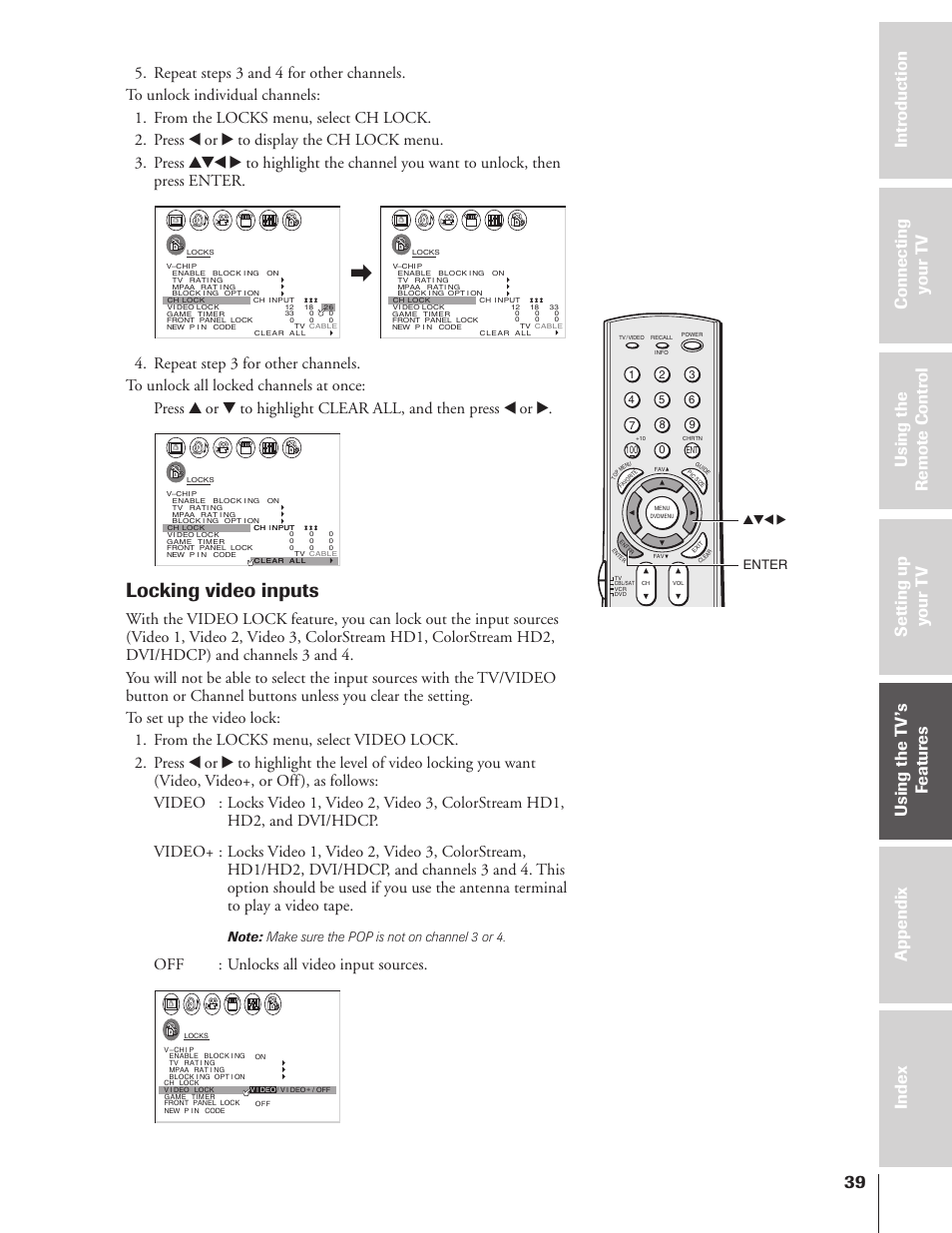 Locking video inputs, Off : unlocks all video input sources, Enter yzx | Toshiba 32HF73 User Manual | Page 39 / 59