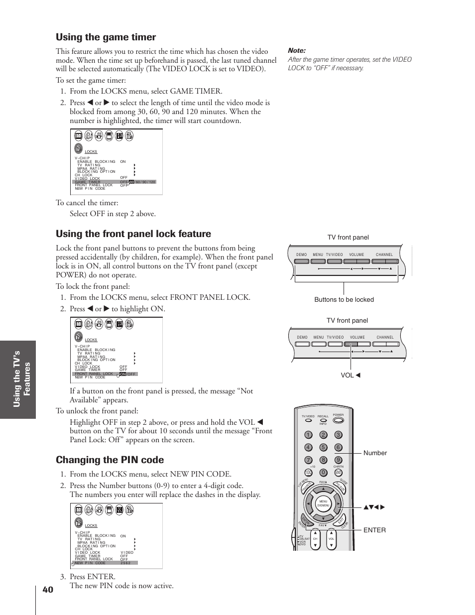Using the game timer, Using the front panel lock feature, Changing the pin code | Press enter. the new pin code is now active, Enter number buttons to be locked tv front panel, Vol x tv front panel | Toshiba 32HF73 User Manual | Page 40 / 59