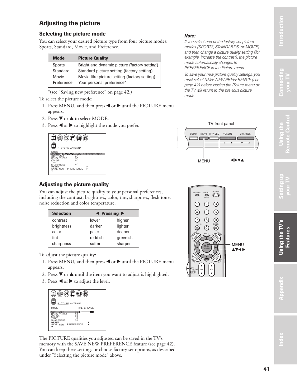 Adjusting the picture, Selecting the picture mode, Adjusting the picture quality | Toshiba 32HF73 User Manual | Page 41 / 59