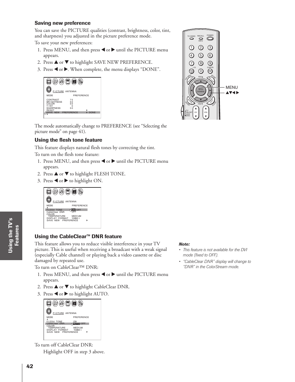 Saving new preference, Using the flesh tone feature, Using the cableclear™ dnr feature | Toshiba 32HF73 User Manual | Page 42 / 59