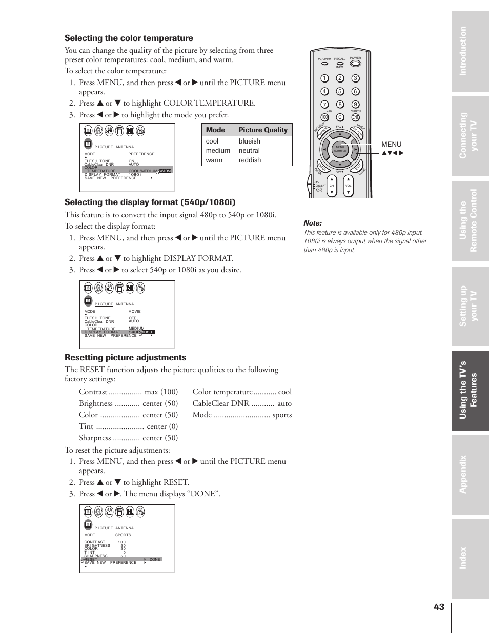 Selecting the color temperature, Resetting picture adjustments | Toshiba 32HF73 User Manual | Page 43 / 59