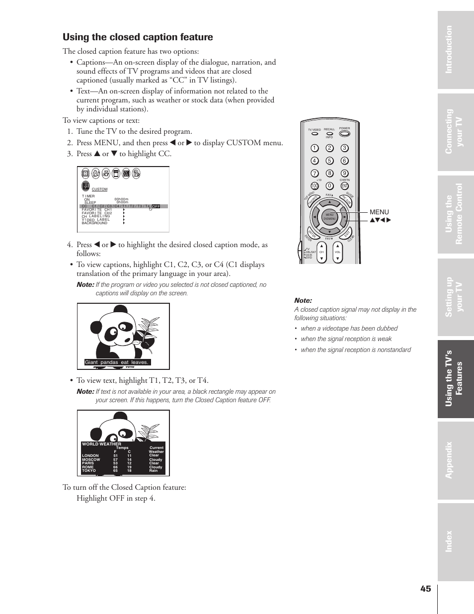 Using the closed caption feature | Toshiba 32HF73 User Manual | Page 45 / 59