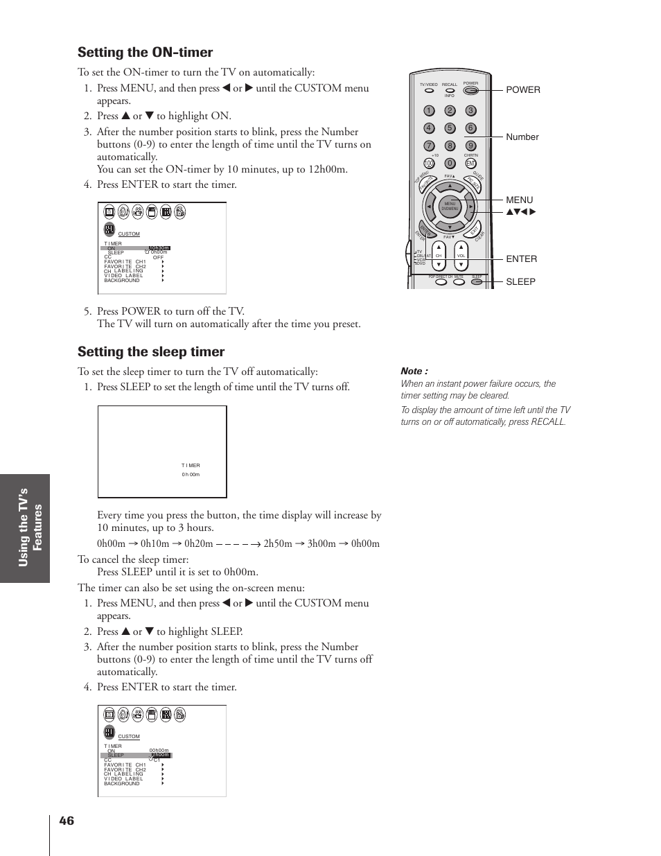 Setting the on-timer, Setting the sleep timer | Toshiba 32HF73 User Manual | Page 46 / 59