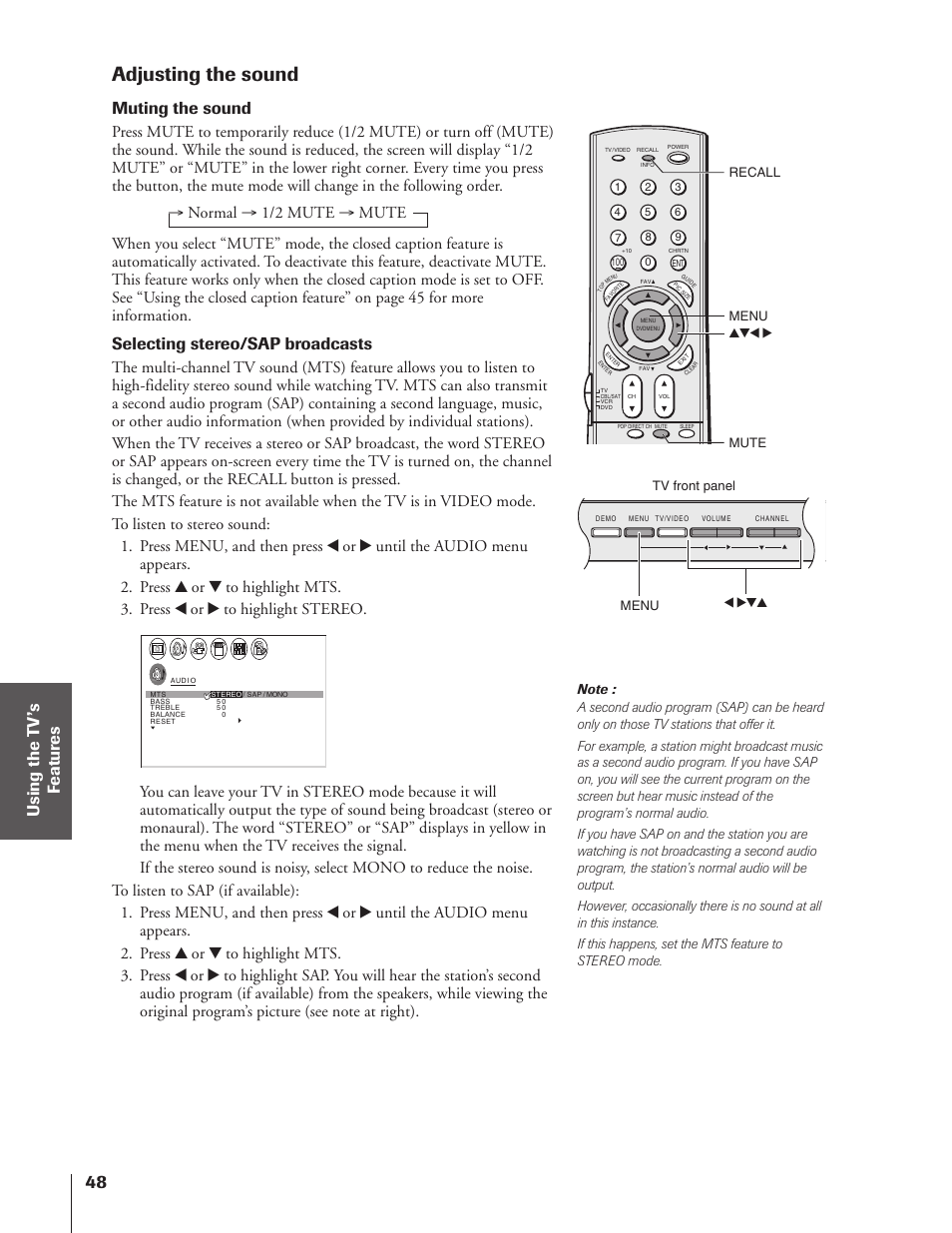 Adjusting the sound, Muting the sound, Selecting stereo/sap broadcasts | Toshiba 32HF73 User Manual | Page 48 / 59