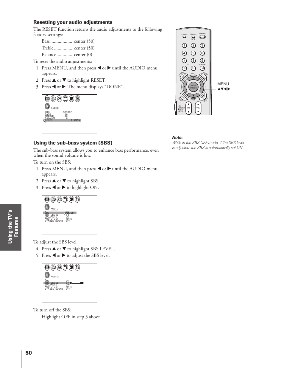 Resetting your audio adjustments, Using the sub-bass system (sbs) | Toshiba 32HF73 User Manual | Page 50 / 59