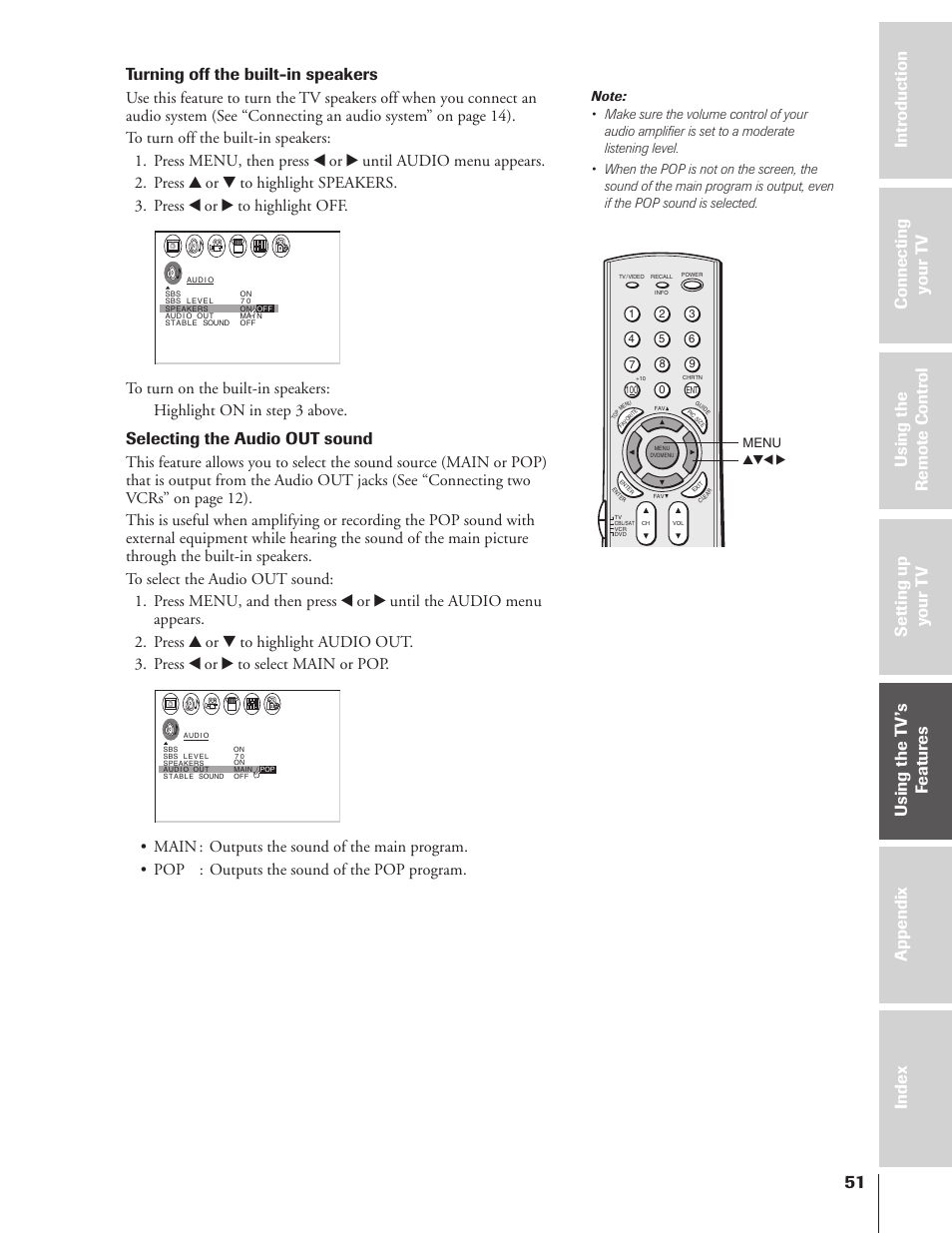 Turning off the built-in speakers, Selecting the audio out sound | Toshiba 32HF73 User Manual | Page 51 / 59