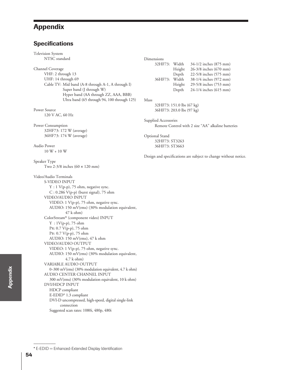 Appendix, Specifications | Toshiba 32HF73 User Manual | Page 54 / 59