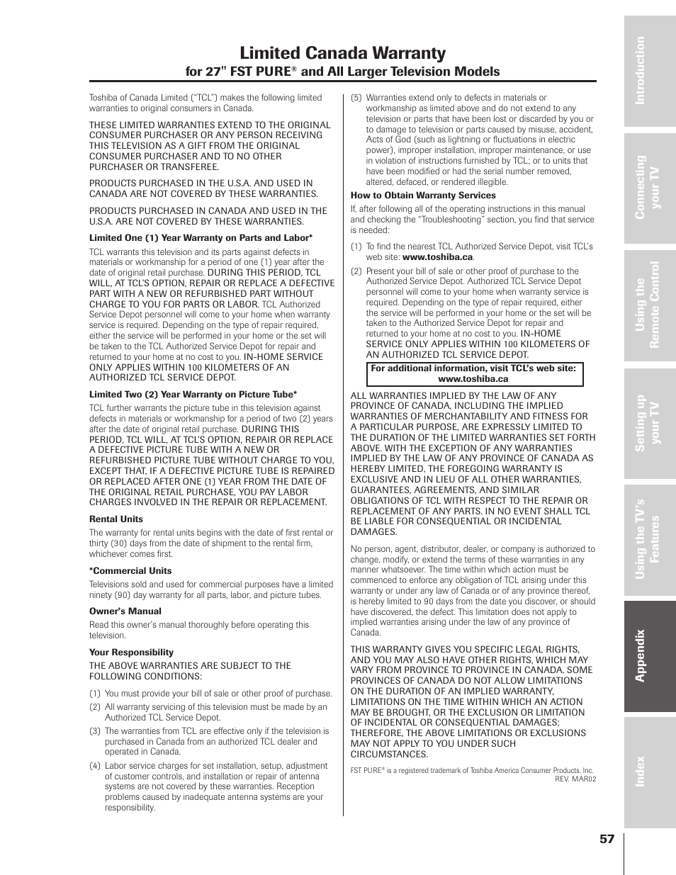 Limited canada warranty, For 27'' fst pure, And all larger television models | Toshiba 32HF73 User Manual | Page 57 / 59