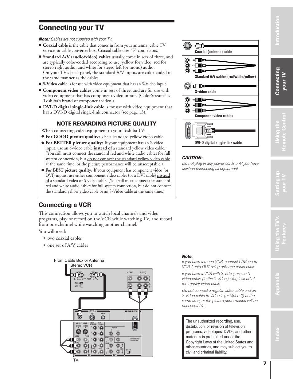 Connecting your tv, Connecting a vcr, Is toshiba’s brand of component video.) | When connecting video equipment to your toshiba tv | Toshiba 32HF73 User Manual | Page 7 / 59