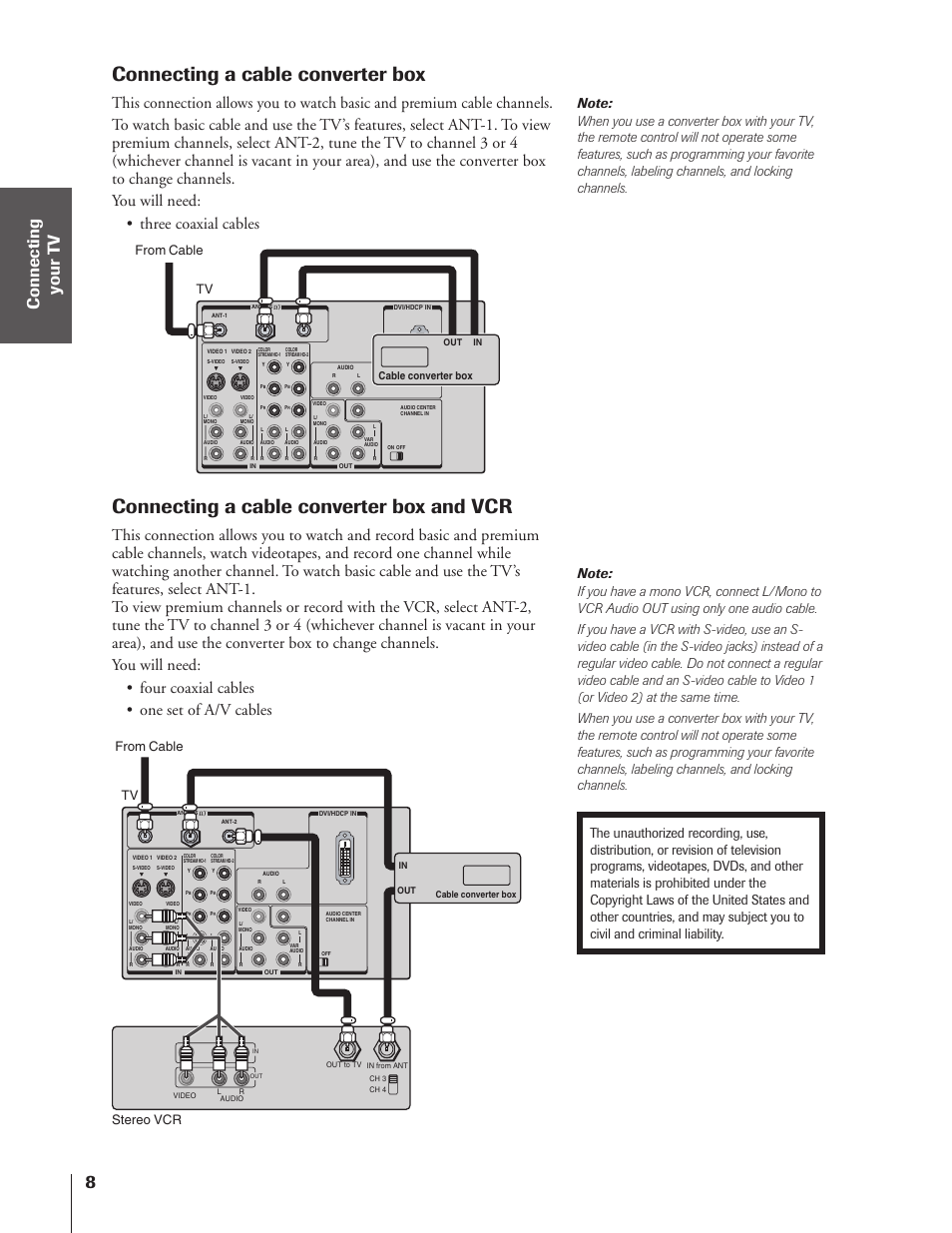 Connecting a cable converter box, Connecting a cable converter box and vcr, Tv from cable tv from cable stereo vcr | Toshiba 32HF73 User Manual | Page 8 / 59