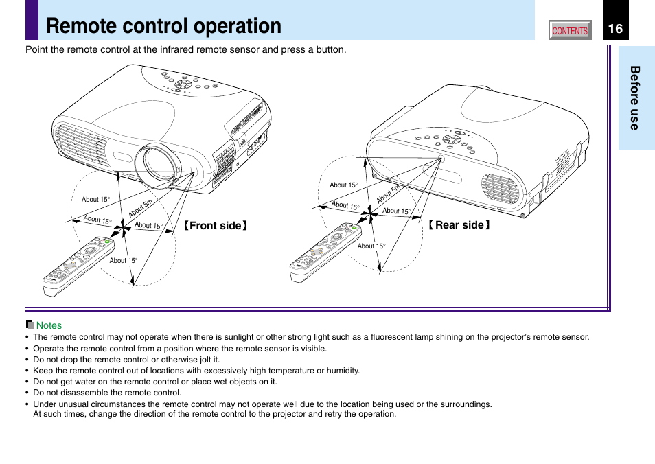 Remote control operation, 16 before use | Toshiba TLP780U TLP781U User Manual | Page 16 / 82
