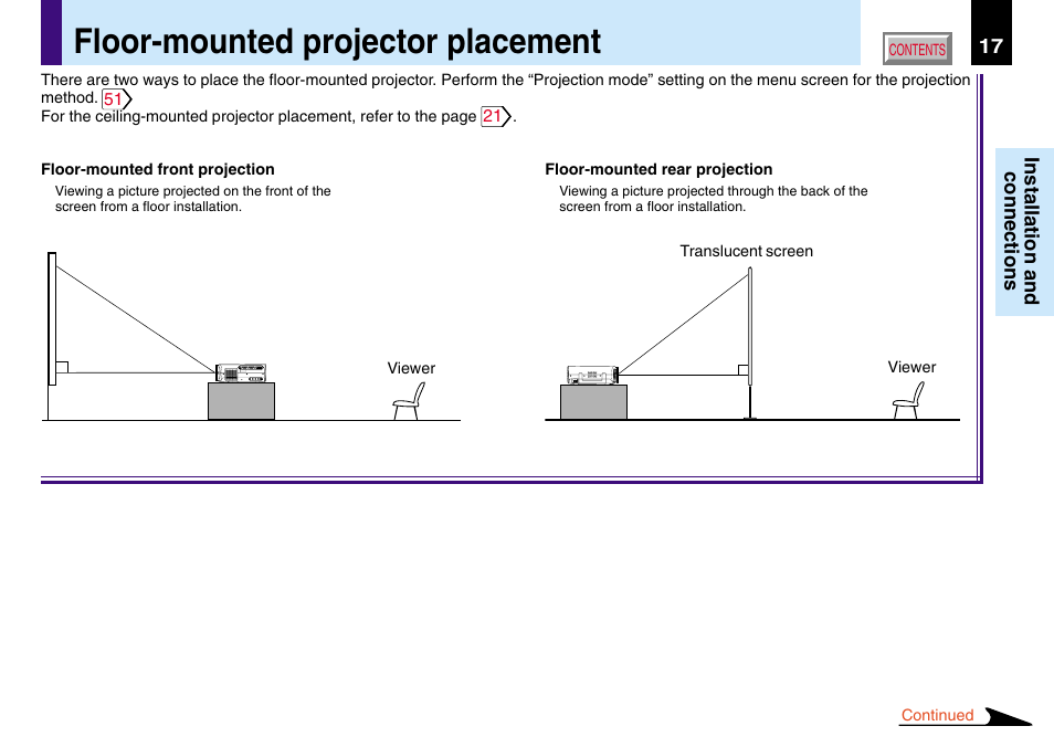 Installation and connections, Floor-mounted projector placement | Toshiba TLP780U TLP781U User Manual | Page 17 / 82