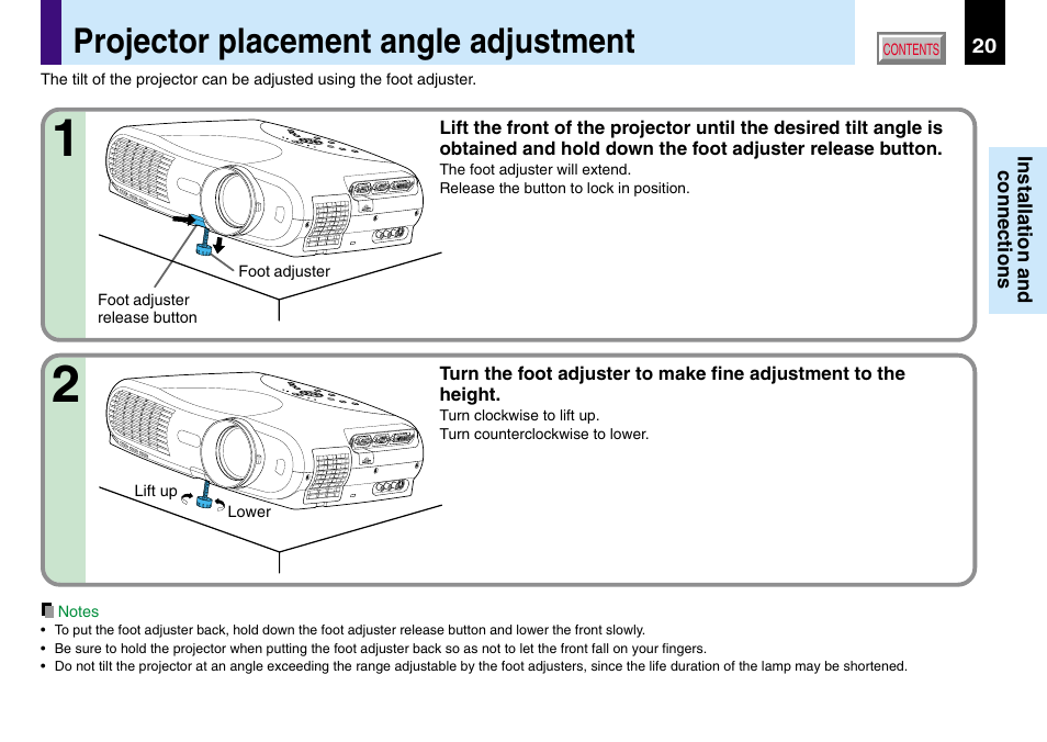 Projector placement angle adjustment | Toshiba TLP780U TLP781U User Manual | Page 20 / 82