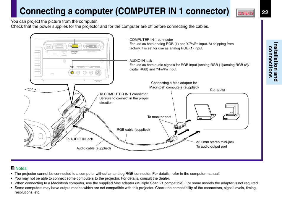 Connecting a computer (computer in 1 connector), 22 installation and connections | Toshiba TLP780U TLP781U User Manual | Page 22 / 82
