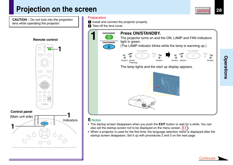 Operations, Projection on the screen, 28 operations | Press on/standby, Contents preparation, Continued, Install and connect the projector properly, Take off the lens cover | Toshiba TLP780U TLP781U User Manual | Page 28 / 82