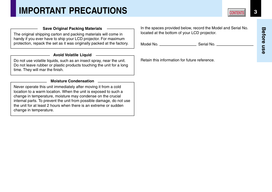 Important precautions | Toshiba TLP780U TLP781U User Manual | Page 3 / 82