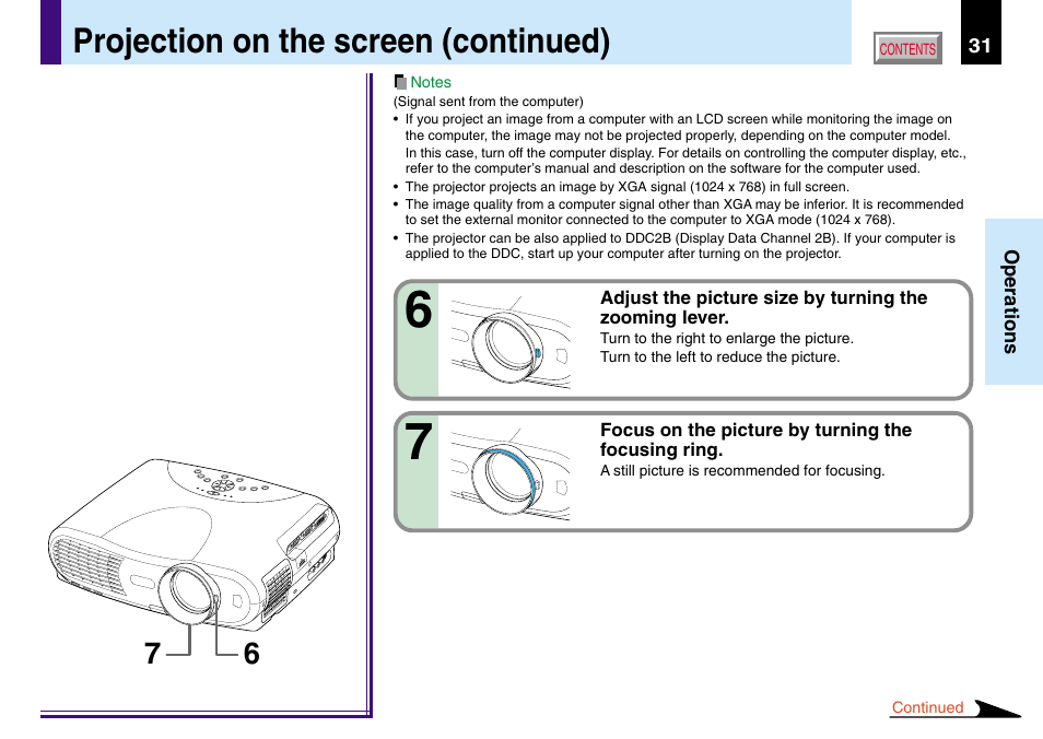 Projection on the screen (continued) | Toshiba TLP780U TLP781U User Manual | Page 31 / 82
