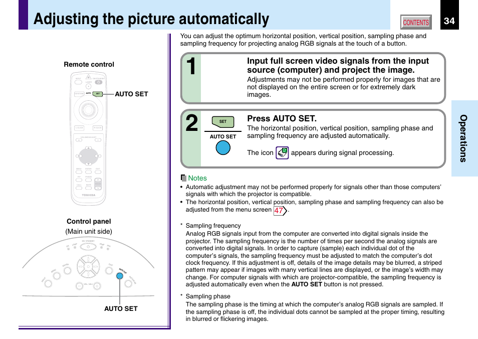 Adjusting the picture automatically, 34 operations, Press auto set | Auto set | Toshiba TLP780U TLP781U User Manual | Page 34 / 82