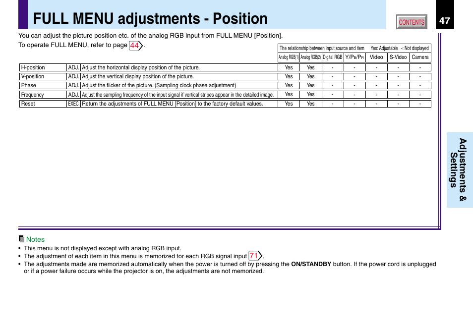 Full menu adjustments - position, Adjustments & settings | Toshiba TLP780U TLP781U User Manual | Page 47 / 82