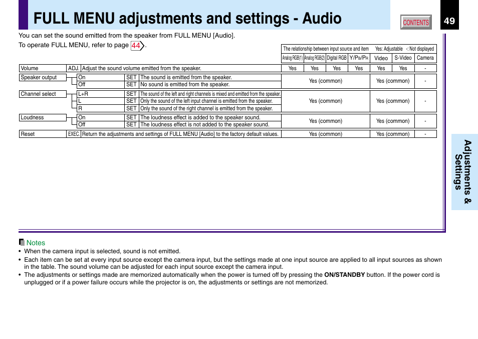 Full menu adjustments and settings - audio, Adjustments & settings | Toshiba TLP780U TLP781U User Manual | Page 49 / 82