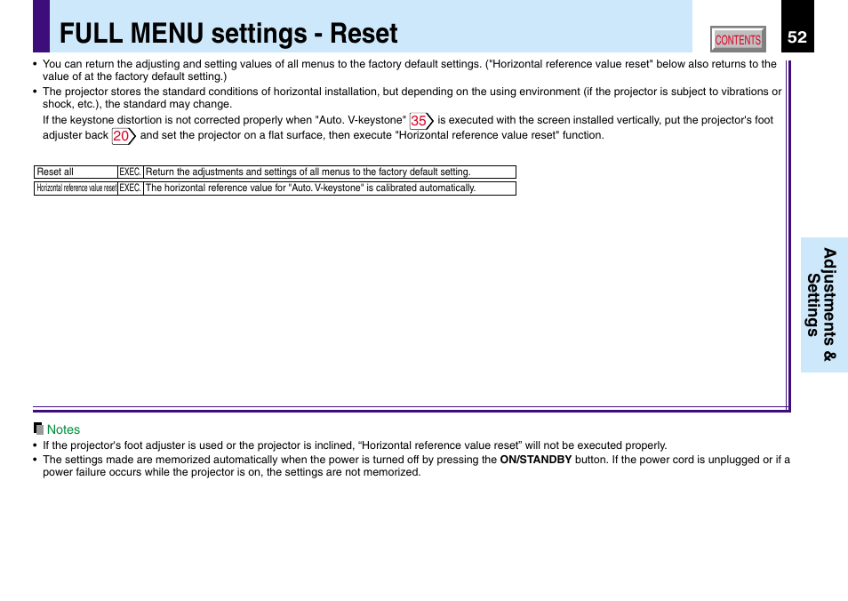 Full menu settings - reset, Is executed, the language selection menu will, Adjustments & settings | Toshiba TLP780U TLP781U User Manual | Page 52 / 82