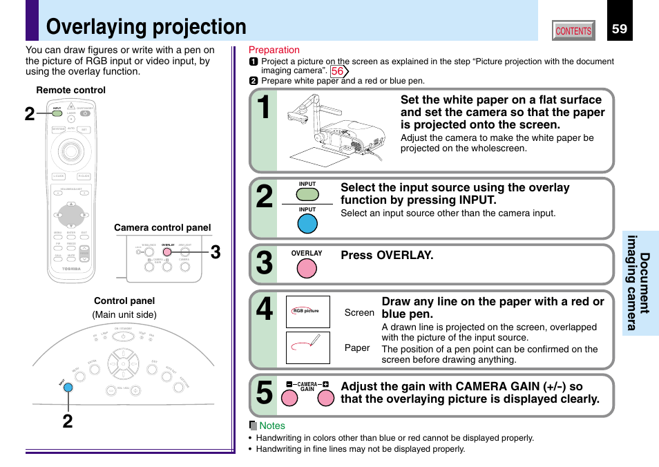 Overlaying projection, Document imaging camera, Press overlay | Draw any line on the paper with a red or blue pen | Toshiba TLP780U TLP781U User Manual | Page 59 / 82