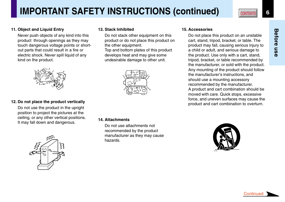 Important safety instructions (continued), 6before use | Toshiba TLP780U TLP781U User Manual | Page 6 / 82