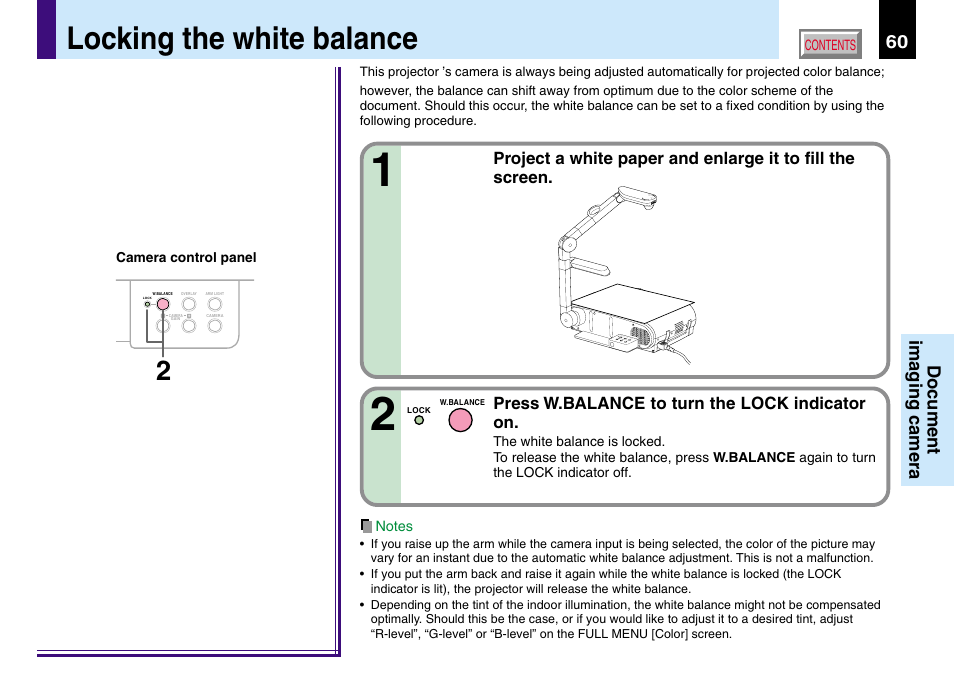 Locking the white balance, Document imaging camera | Toshiba TLP780U TLP781U User Manual | Page 60 / 82