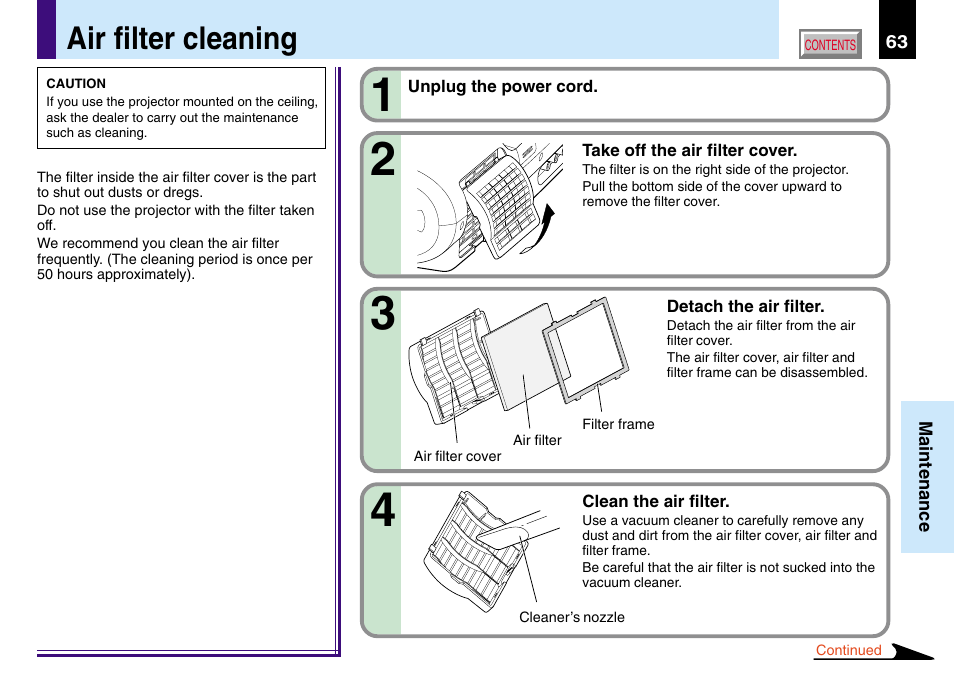 Air filter cleaning | Toshiba TLP780U TLP781U User Manual | Page 63 / 82
