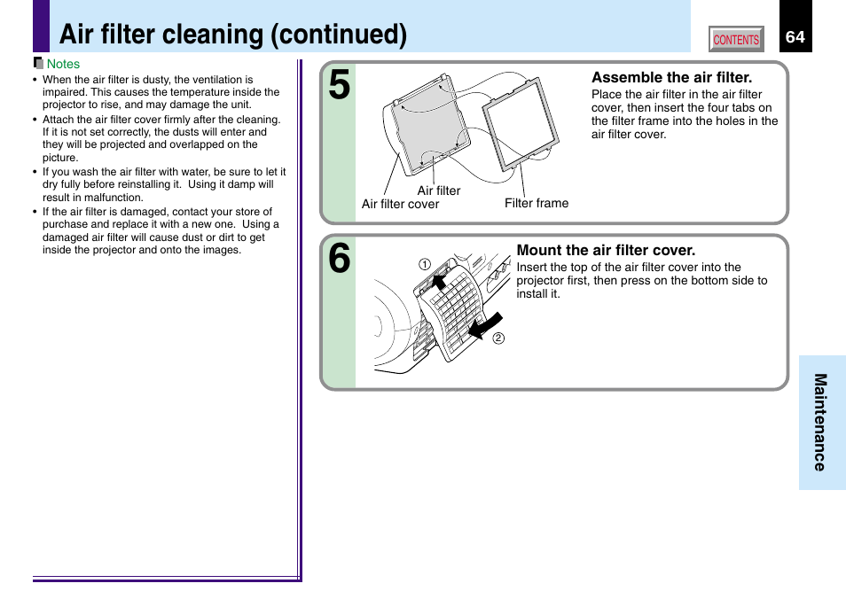 Air filter cleaning (continued) | Toshiba TLP780U TLP781U User Manual | Page 64 / 82