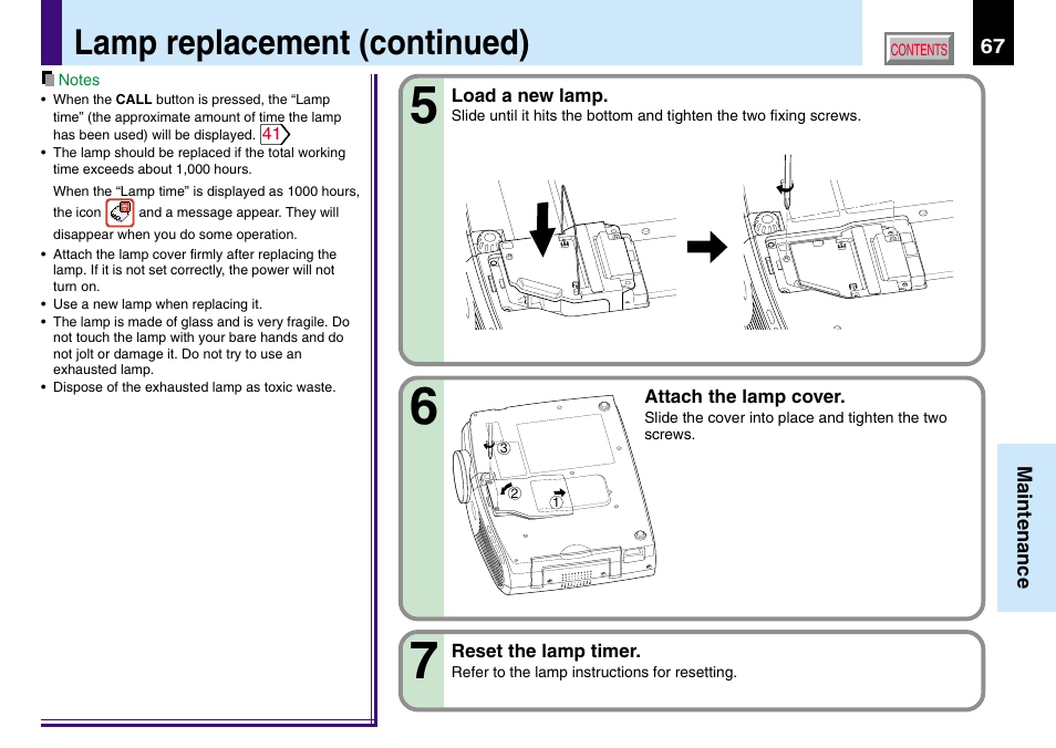 Lamp replacement (continued) | Toshiba TLP780U TLP781U User Manual | Page 67 / 82