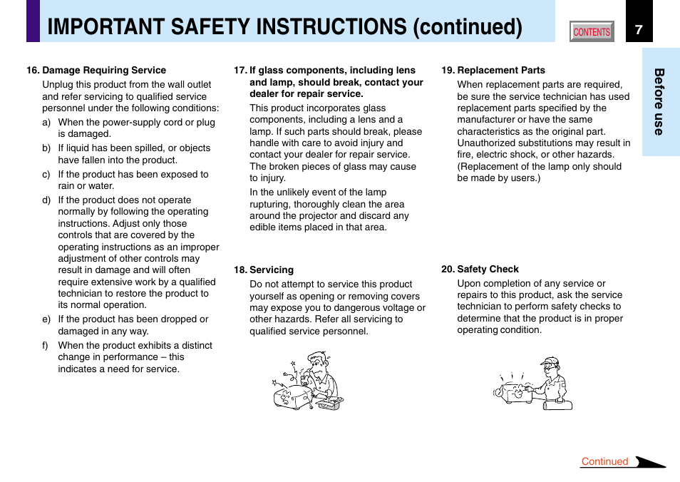 Important safety instructions (continued), 7before use | Toshiba TLP780U TLP781U User Manual | Page 7 / 82