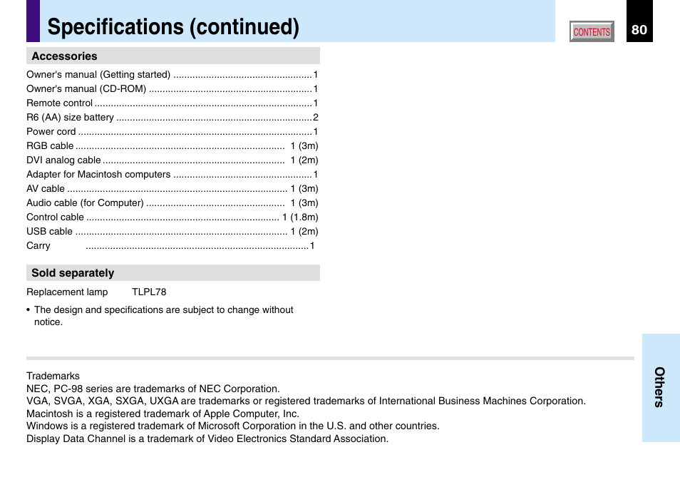 Specifications (continued), 80 others | Toshiba TLP780U TLP781U User Manual | Page 80 / 82