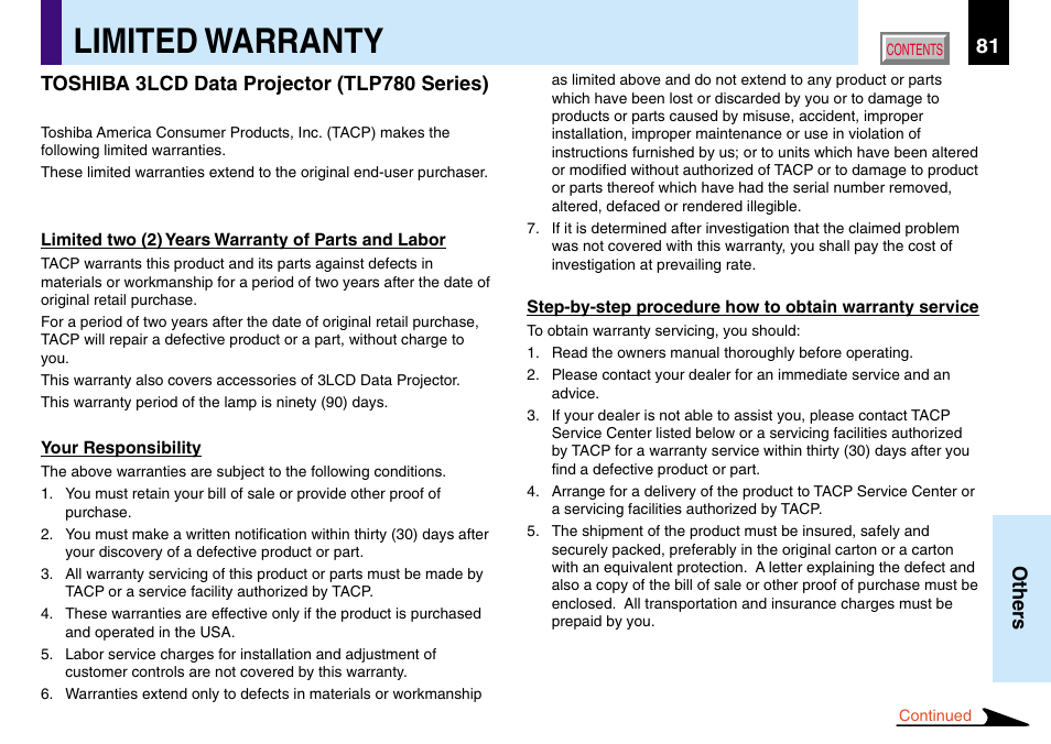 Limited warranty, 81 others, Toshiba 3lcd data projector (tlp780 series) | Toshiba TLP780U TLP781U User Manual | Page 81 / 82