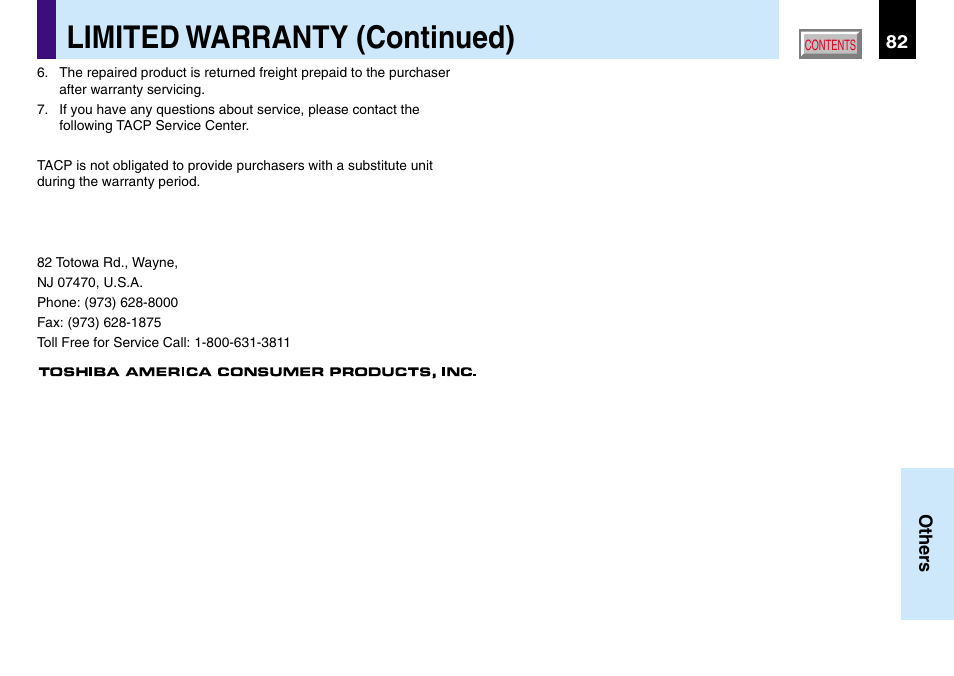 Limited warranty (continued) | Toshiba TLP780U TLP781U User Manual | Page 82 / 82