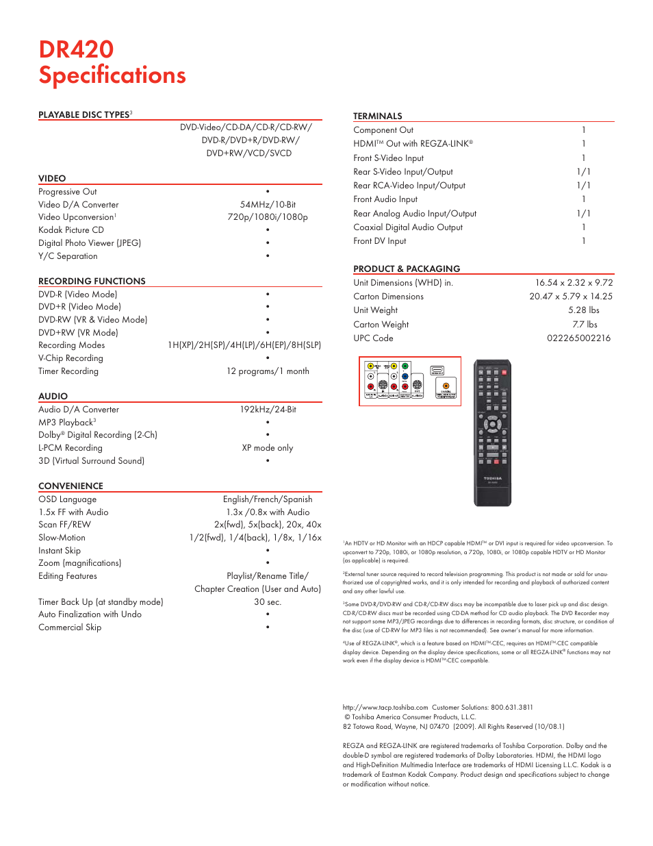 Dr420 speciﬁ cations | Toshiba DR420 User Manual | Page 2 / 2