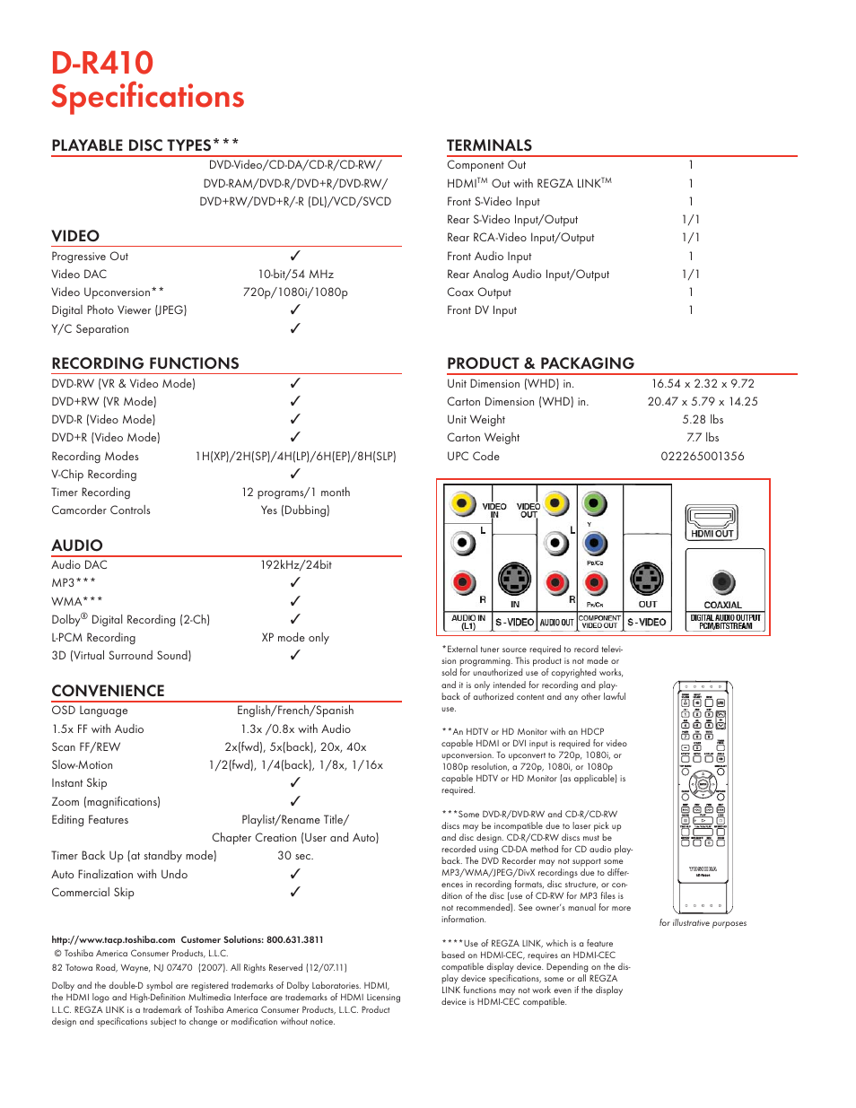 D-r410 specifications, Playable disc types, Video | Recording functions, Audio, Convenience, Terminals, Product & packaging | Toshiba D-R410 User Manual | Page 2 / 2