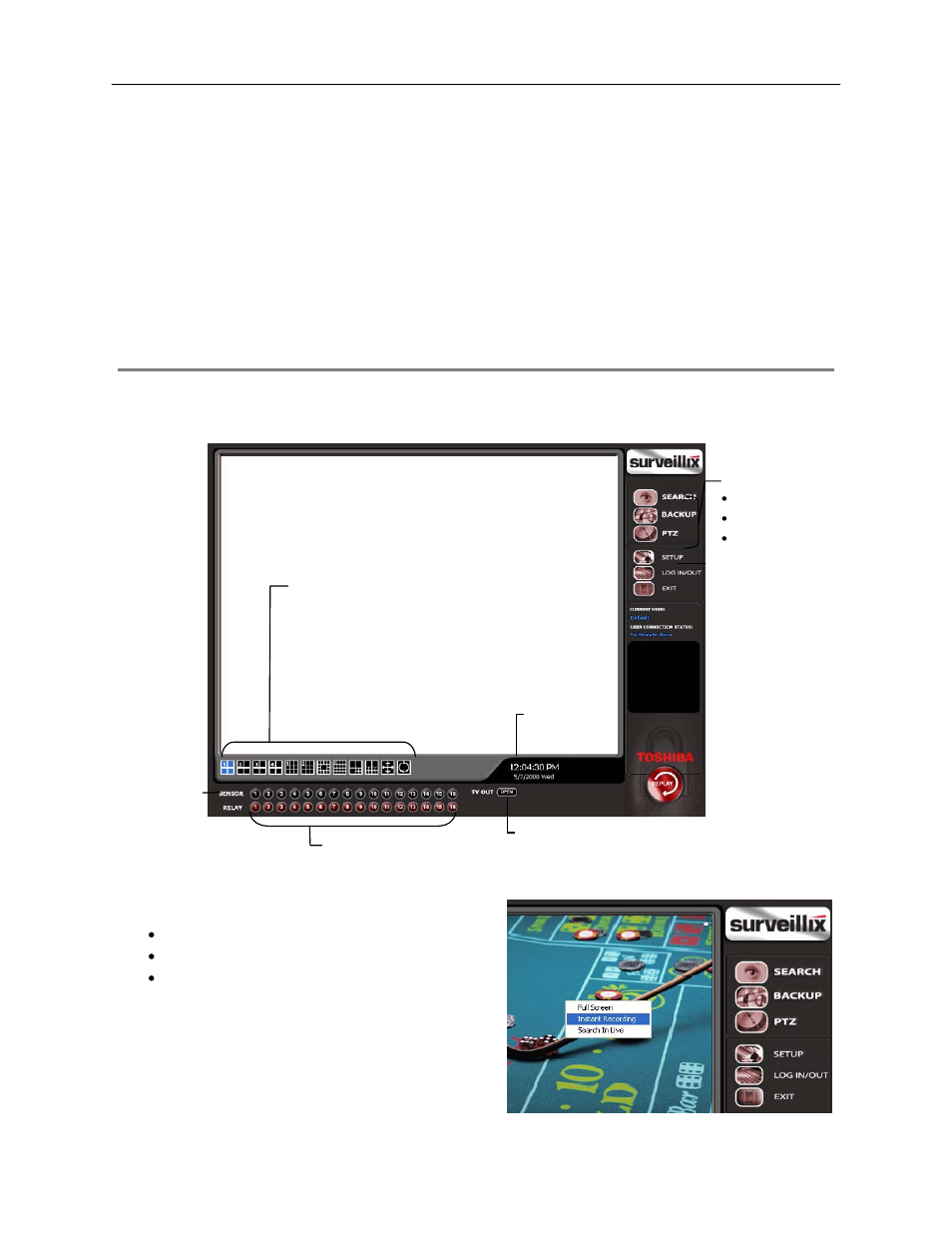 Display screen, Changing video format, Live camera options | Toshiba SURVEILLIX 27829AF User Manual | Page 14 / 105