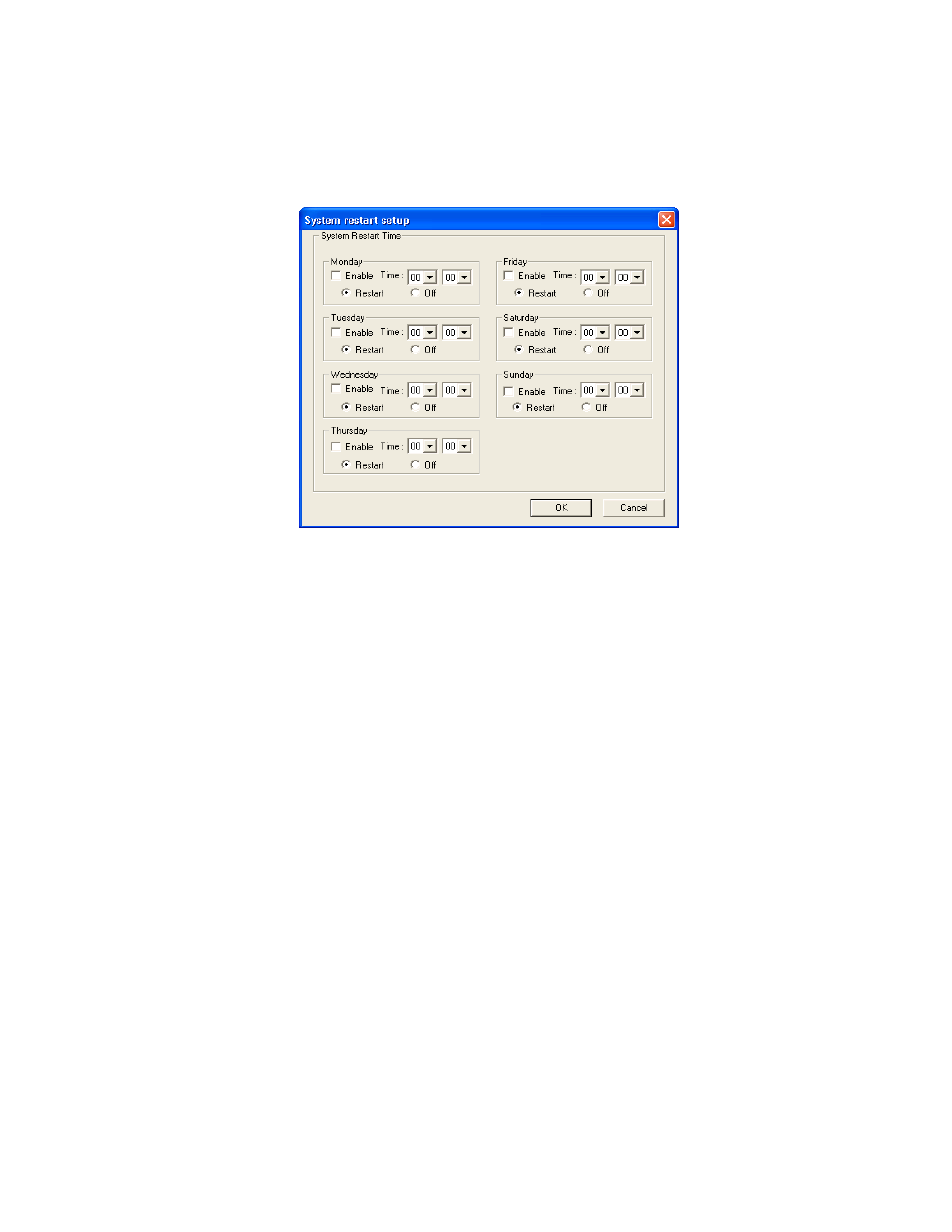 System restart setup, Create system restart schedule | Toshiba SURVEILLIX 27829AF User Manual | Page 35 / 105