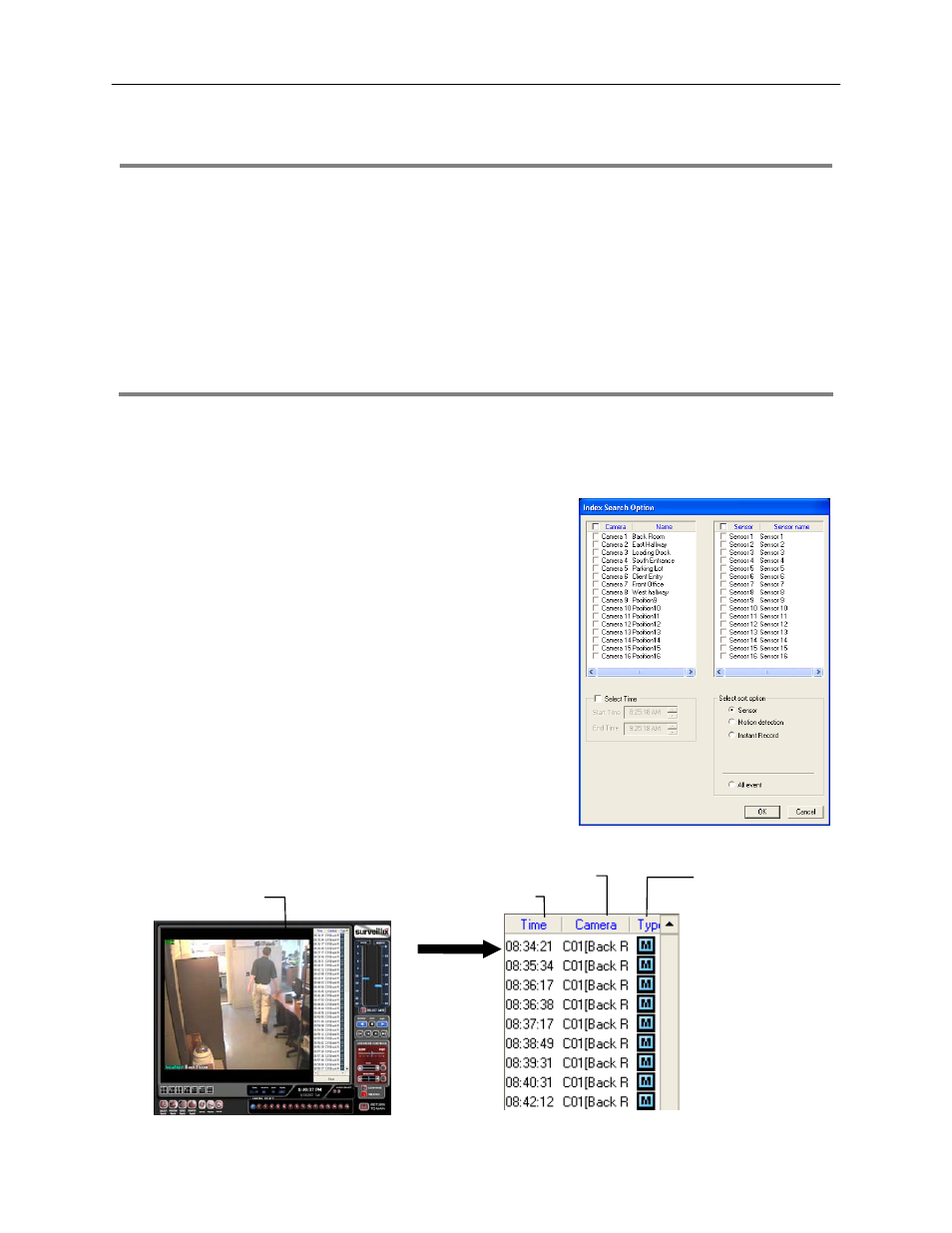 Performing a basic search, Index search, Performing an index search | Index search results display | Toshiba SURVEILLIX 27829AF User Manual | Page 58 / 105